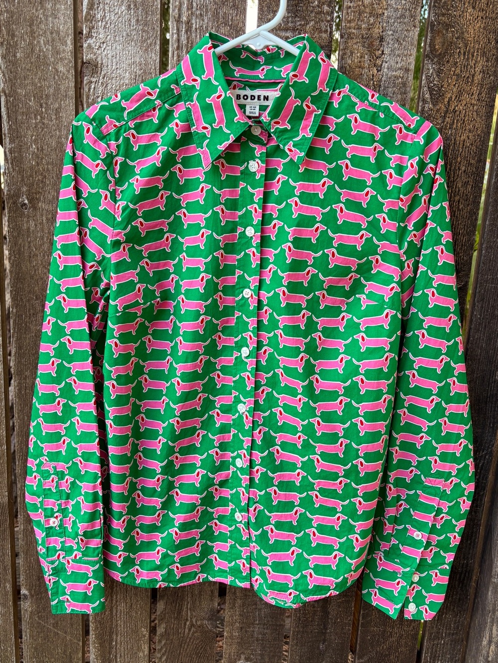 Boden Sienna Cotton Shirt T1670 Dachshund Dog Print In Green/Pink Sz 6
